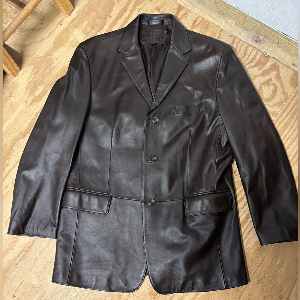 Stafford Genuine Leather Jacket Blazer Mens Size Medium 3 Button Dark Brown